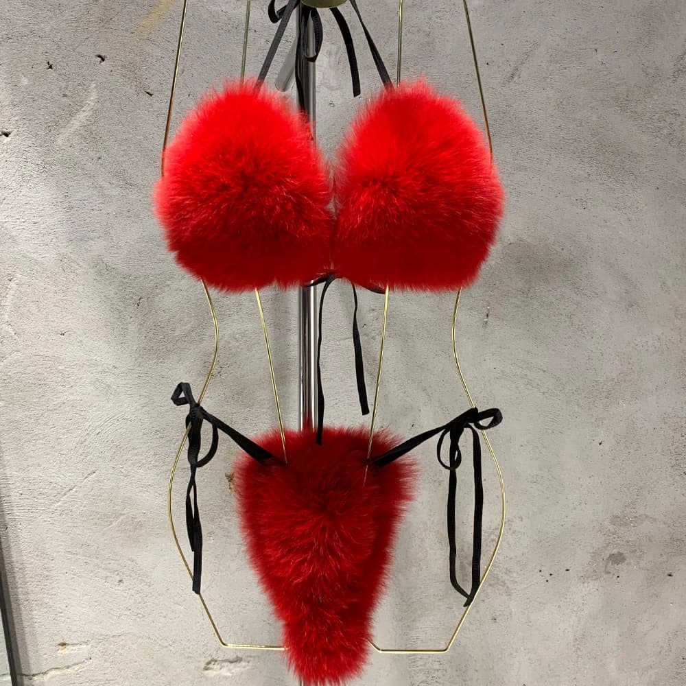 Bikini en Fourrure Naturelle pour Femme, Bikini en Vraie Fourrure de Renard