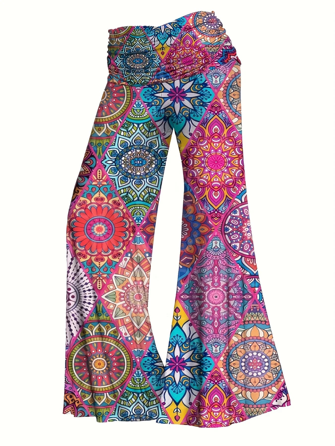 Pantalon à Jambes Larges de Grande Taille, Imprimé Géométrique Vibrant Turnblock, Taille Haute Fronc