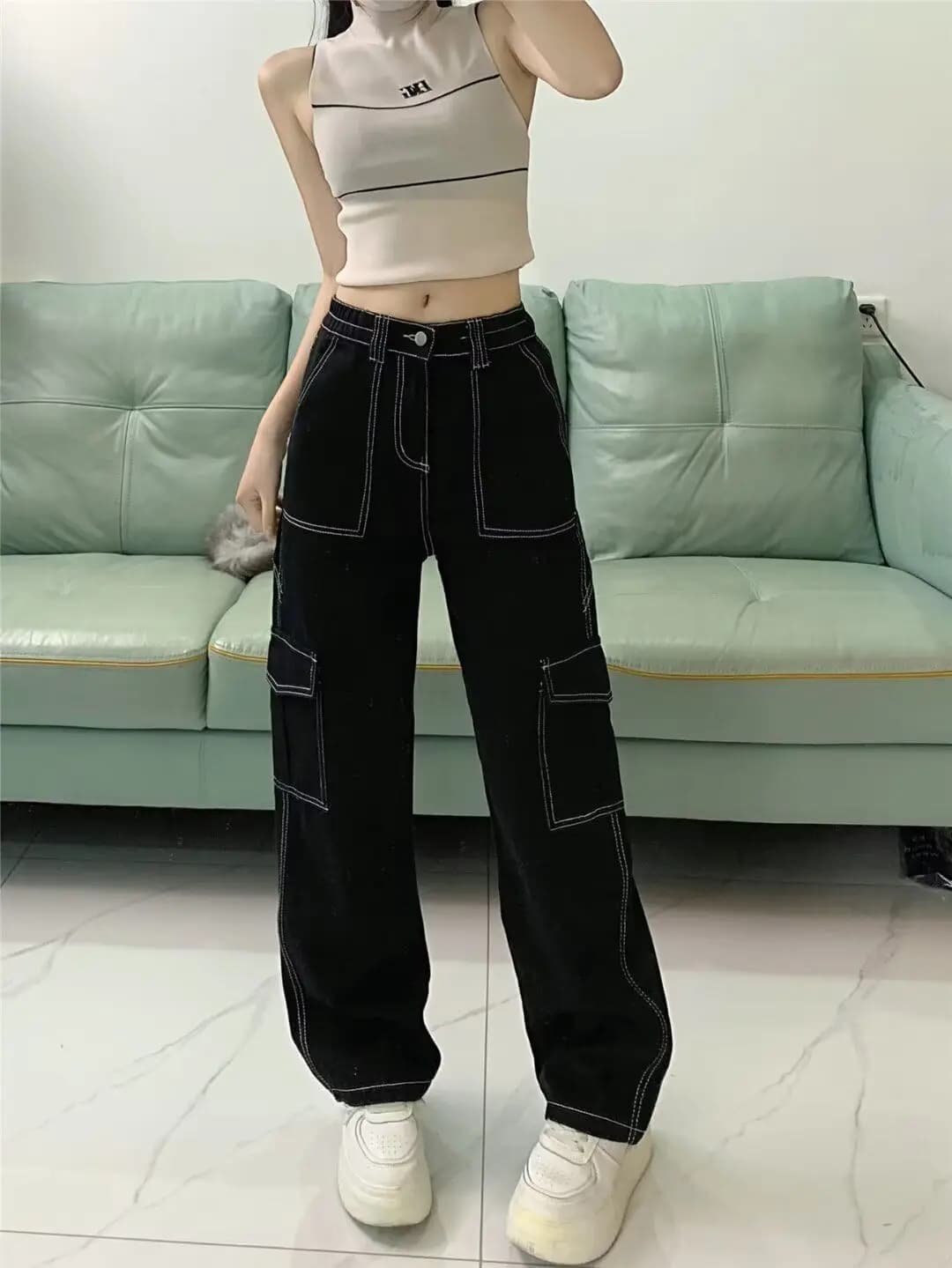 Joli jean taille haute, vêtements de travail avec poches américaines, ample, Style de rue, pantalon 