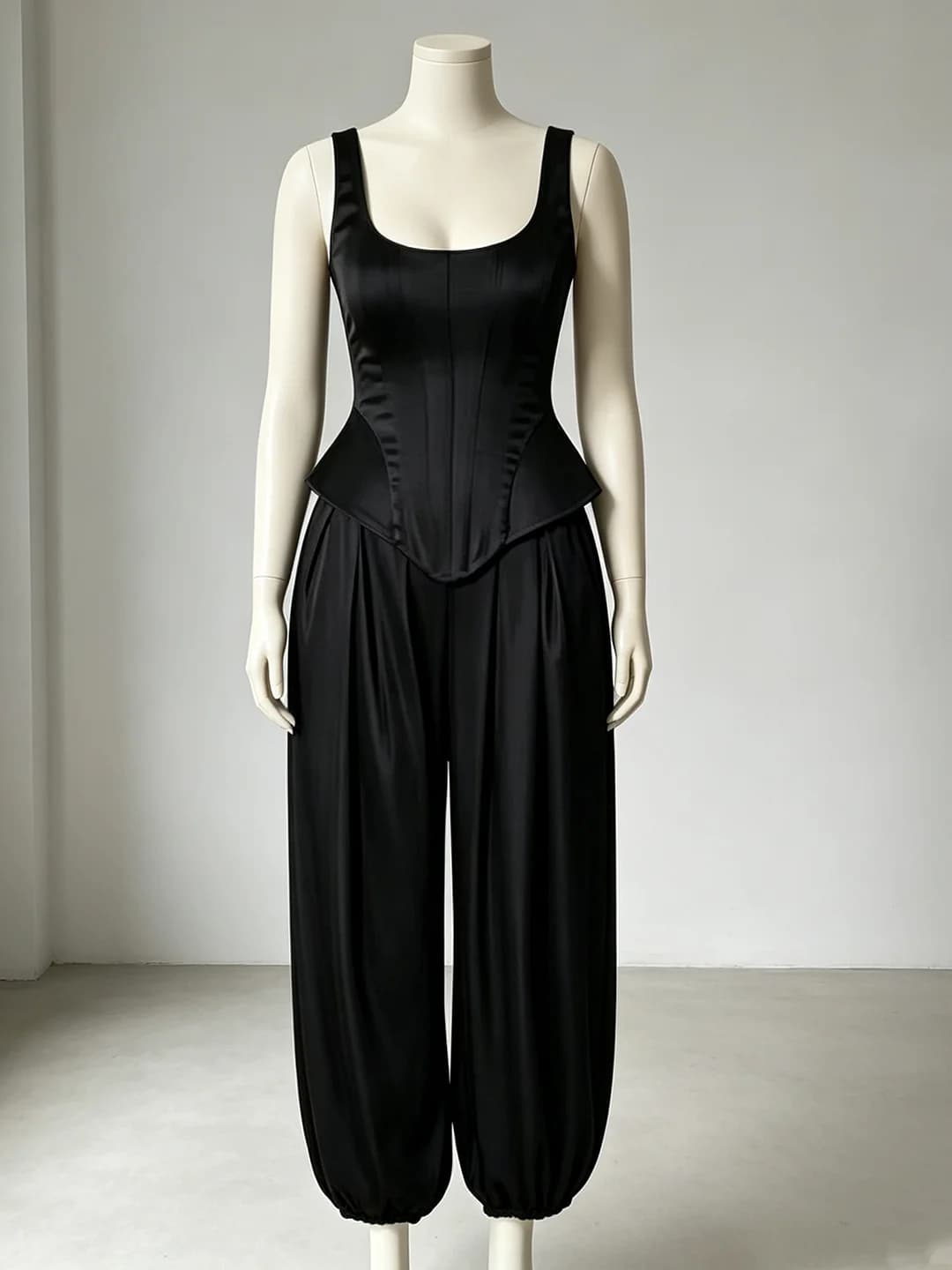 Ensemble 2 pièces en satin pour femme Laru, débardeur corset à col en U, pantalon ample taille haute