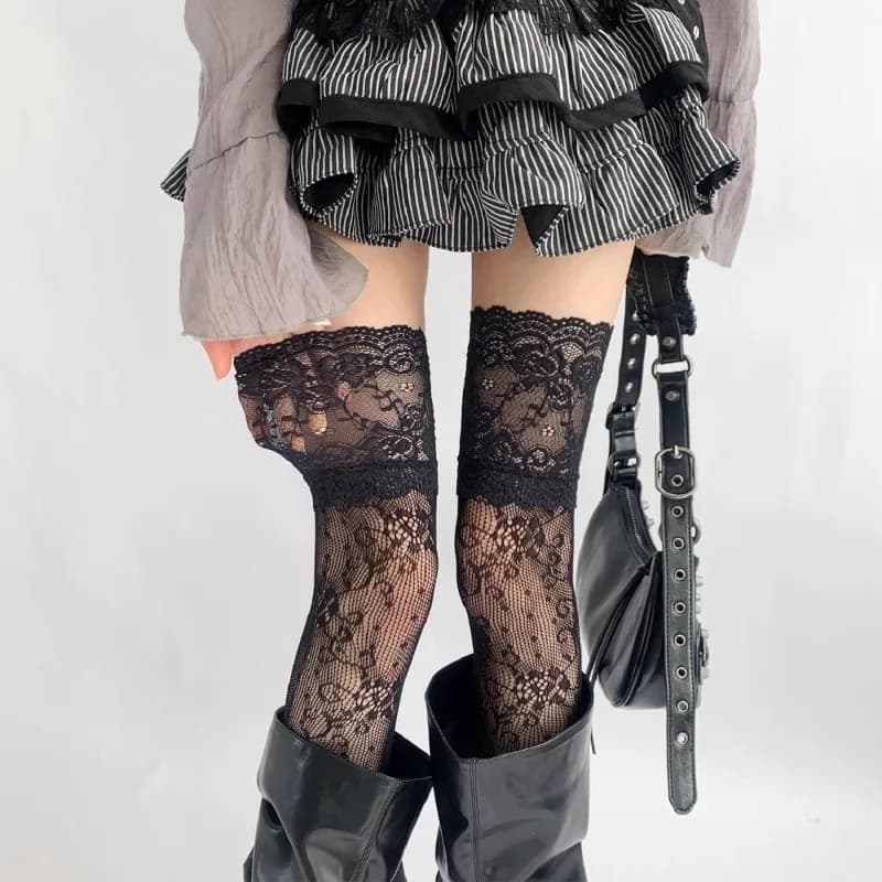 Bas résille Sexy en dentelle florale pour femmes, Costumes JK Lolita, chaussettes hautes, maille en 