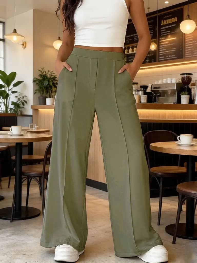Pantalon palazzo plissé en crêpe taille haute pour femme, coupe ample et décontractée, élégant, idéa