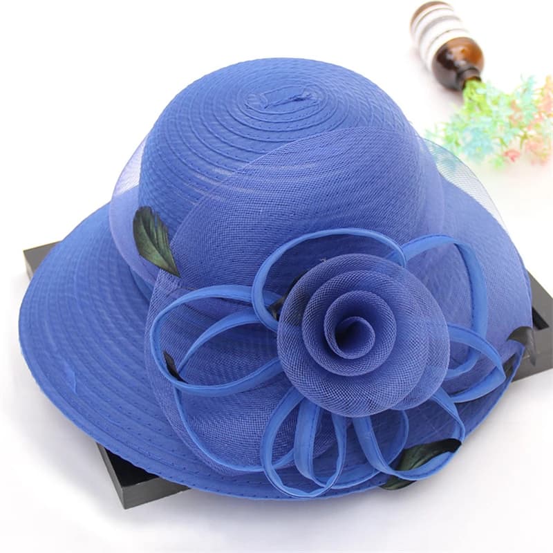 Chapeau de soleil d'été à grande fleur pour femmes, chapeau seau de luxe en plumes bleu rose, chapea