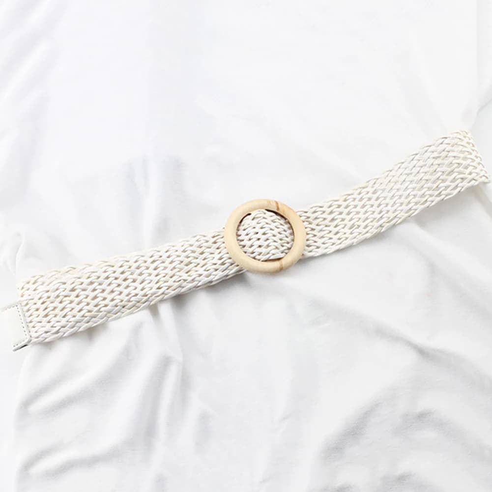 Ceinture de taille tressée noir café femme ceinture Vintage Boho ronde en bois boucle lisse fausse p