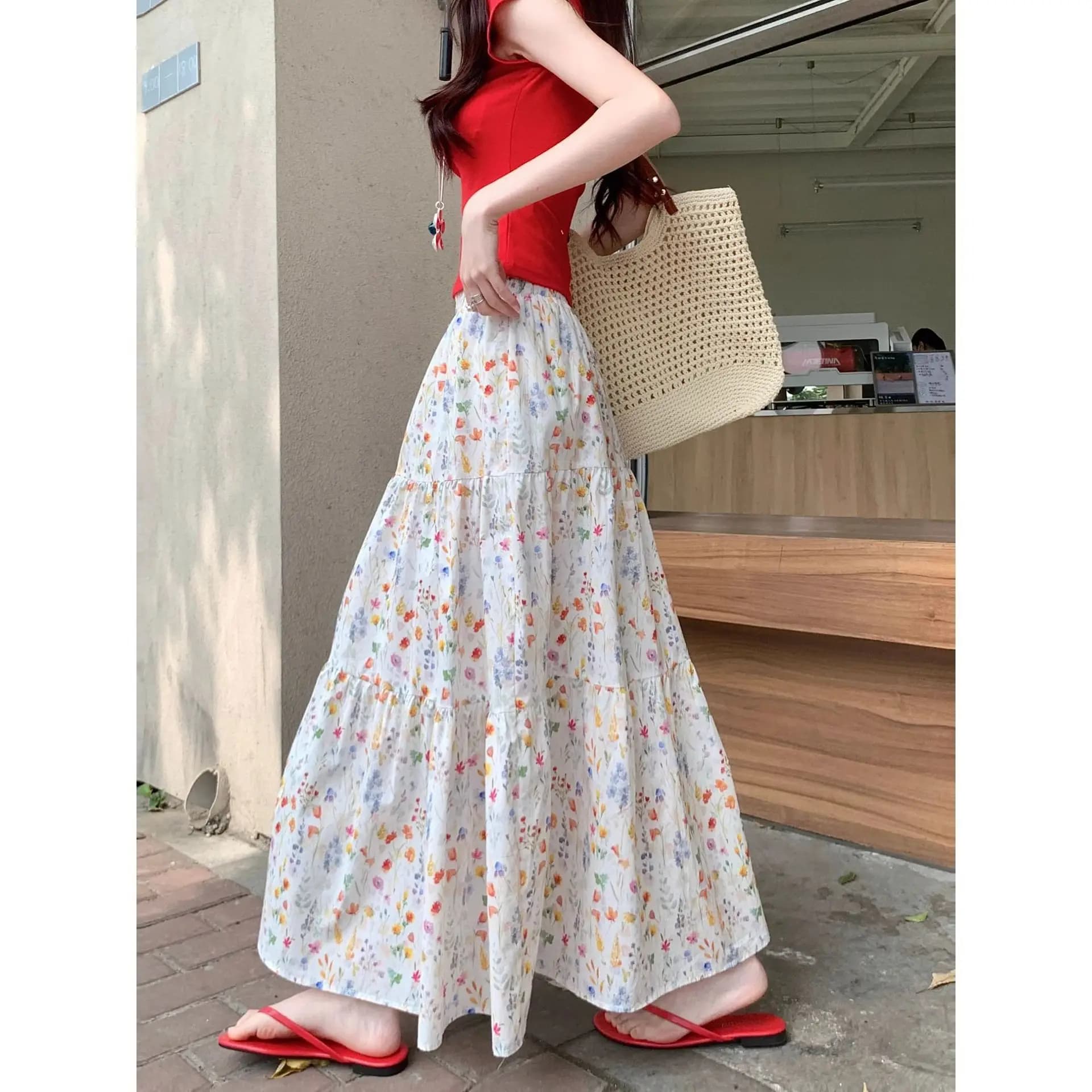 Jupe midi grande taille style coréen à imprimé floral pour femme, flatteuse, couvrante, amincissante