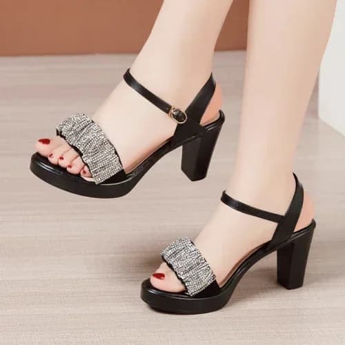 Sandales à talons hauts compensés élégantes en strass noirs, petites tailles 32-43, 8 10 13 cm, chau