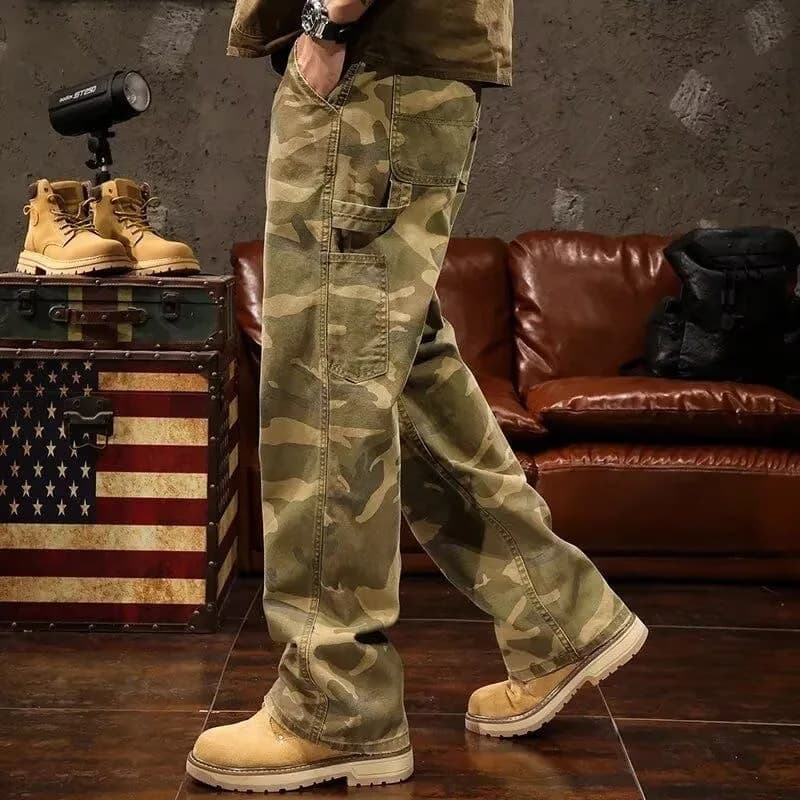 Jean de travail décontracté camouflage pour homme, taille haute, coupe droite ample, jambe large, st