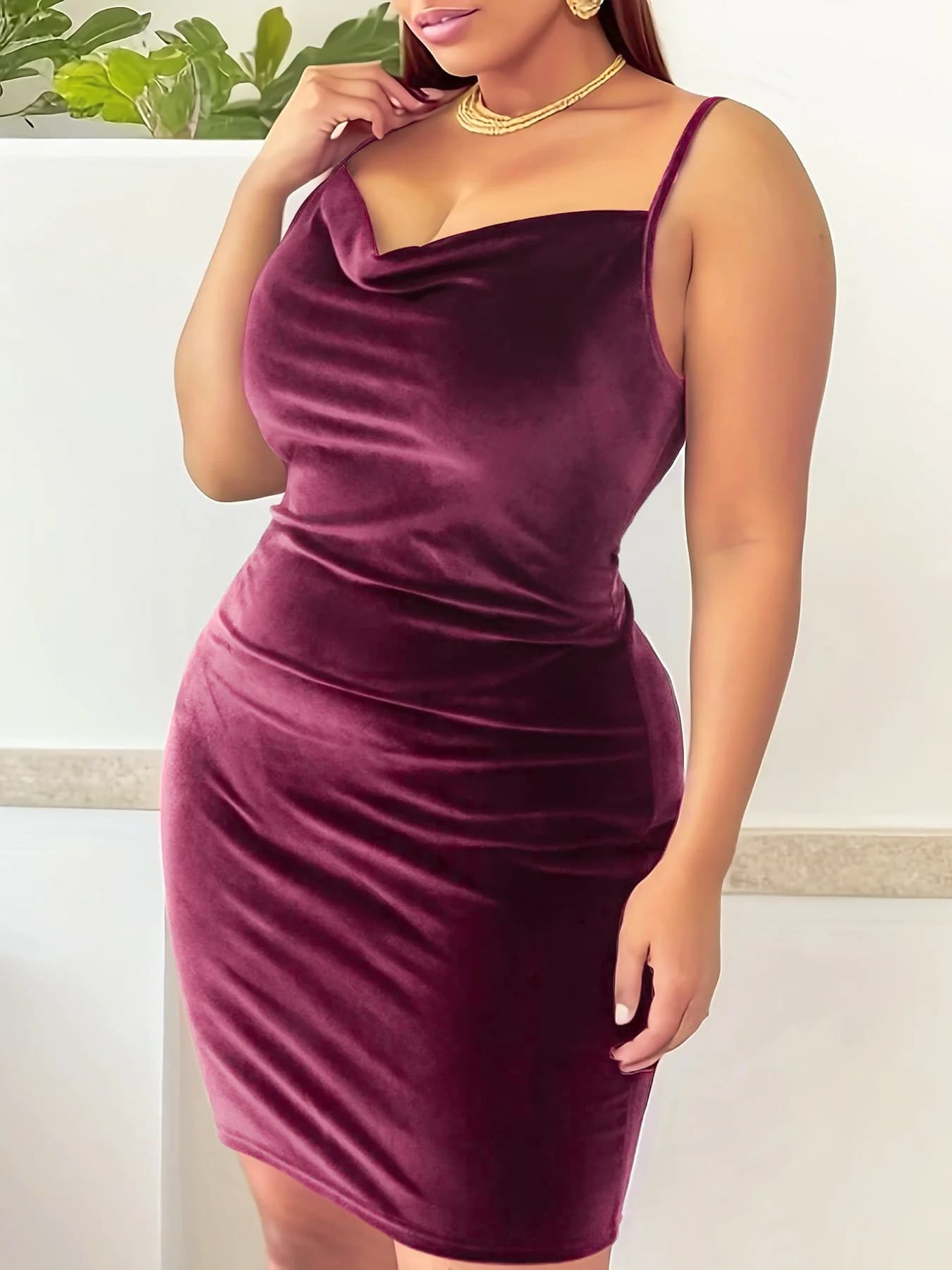 Robe camisole froncée unie, grande taille, décontractée, sans manches, col bénitier, Slim, vêtements