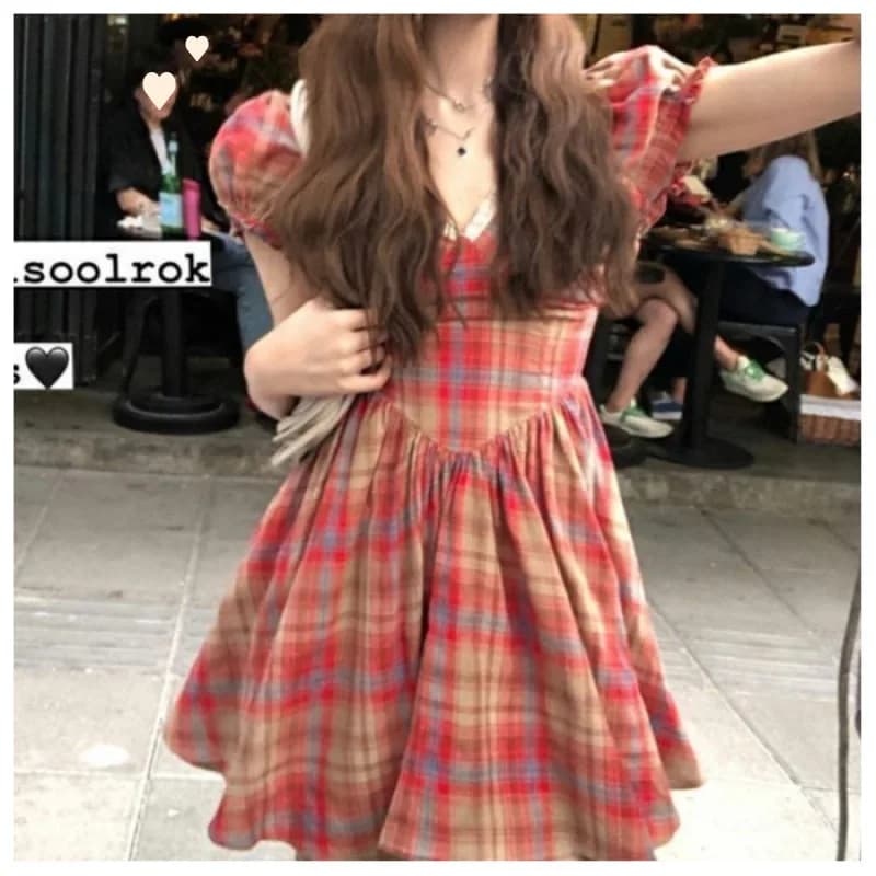 Robe Courte Plissée Vintage à Carreaux Style Français avec Petites Manches Bouffantes, Taille Haute 