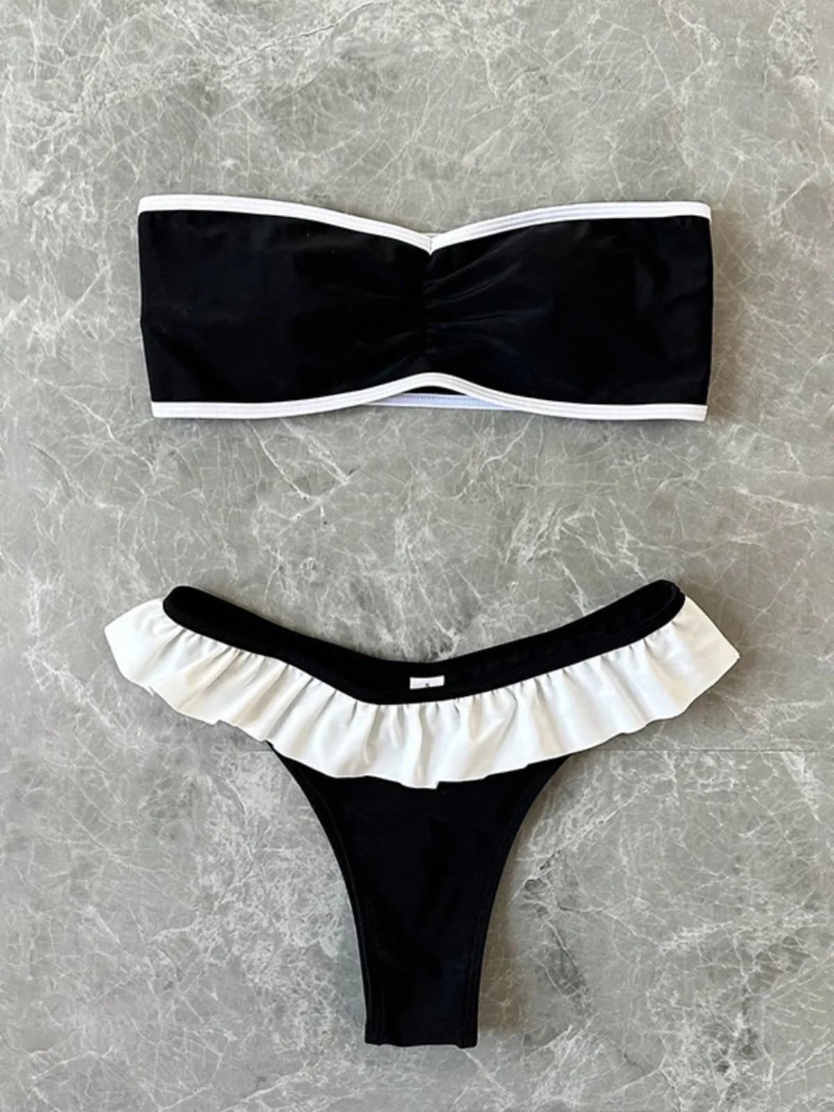 Maillot de bain femme sans bretelles, ensemble 2 pièces, couleur unie, patchwork, push-up, à volants