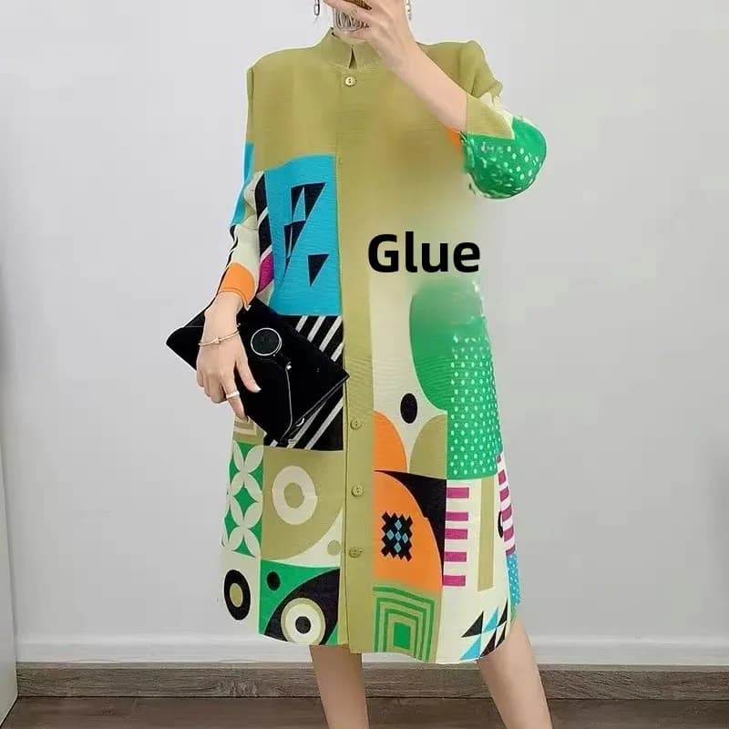 Robe plissée imprimée de style français haut de gamme grande taille, robe chemise ample à col rabatt