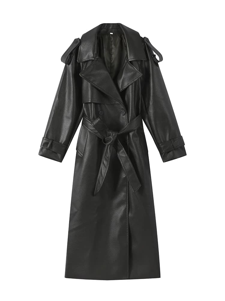 Veste en Faux cuir pour femme, revers, Double boutonnage, vestes longues à lacets, épaulettes, manch