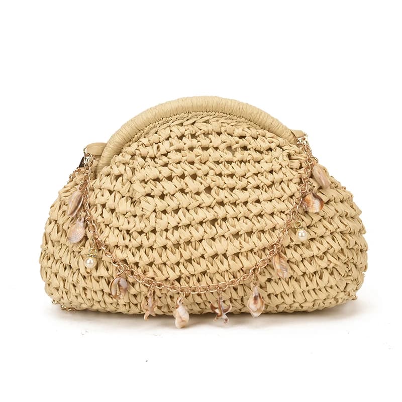 Nouveau Sac Bandoulière Femme en Paille Tressée Faite Main Style Bohème avec Chaîne Coquillage pour 