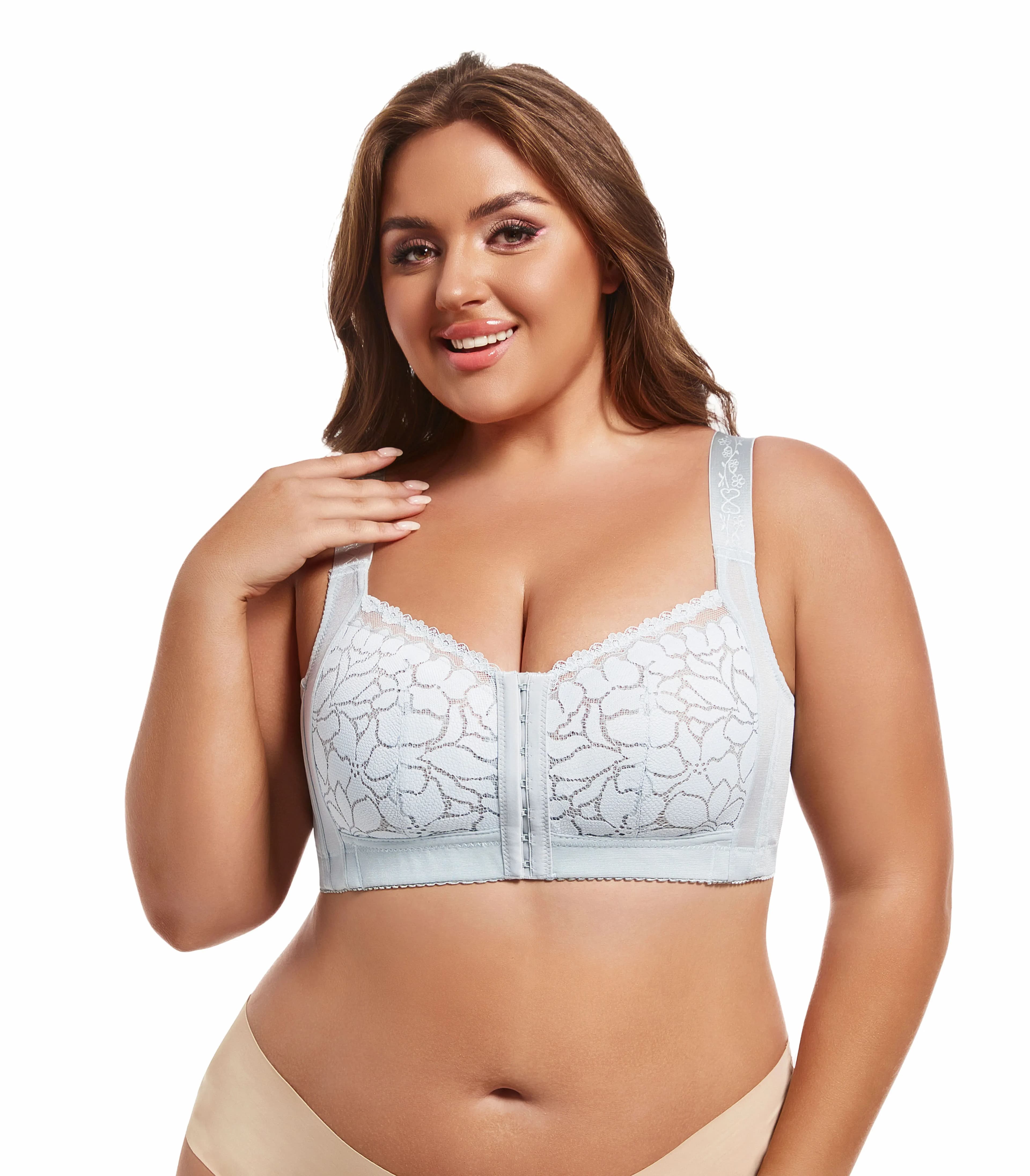Soutien-gorge en dentelle grande taille pour femme avec boucle frontale, design léger sans armatures