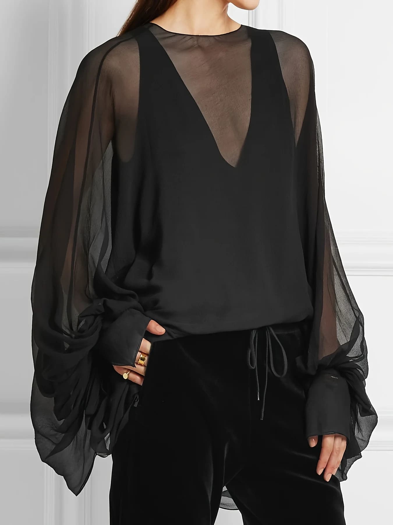 Chemisier en mousseline grande taille pour femme, col rond, manches lanternes, transparent, manches 