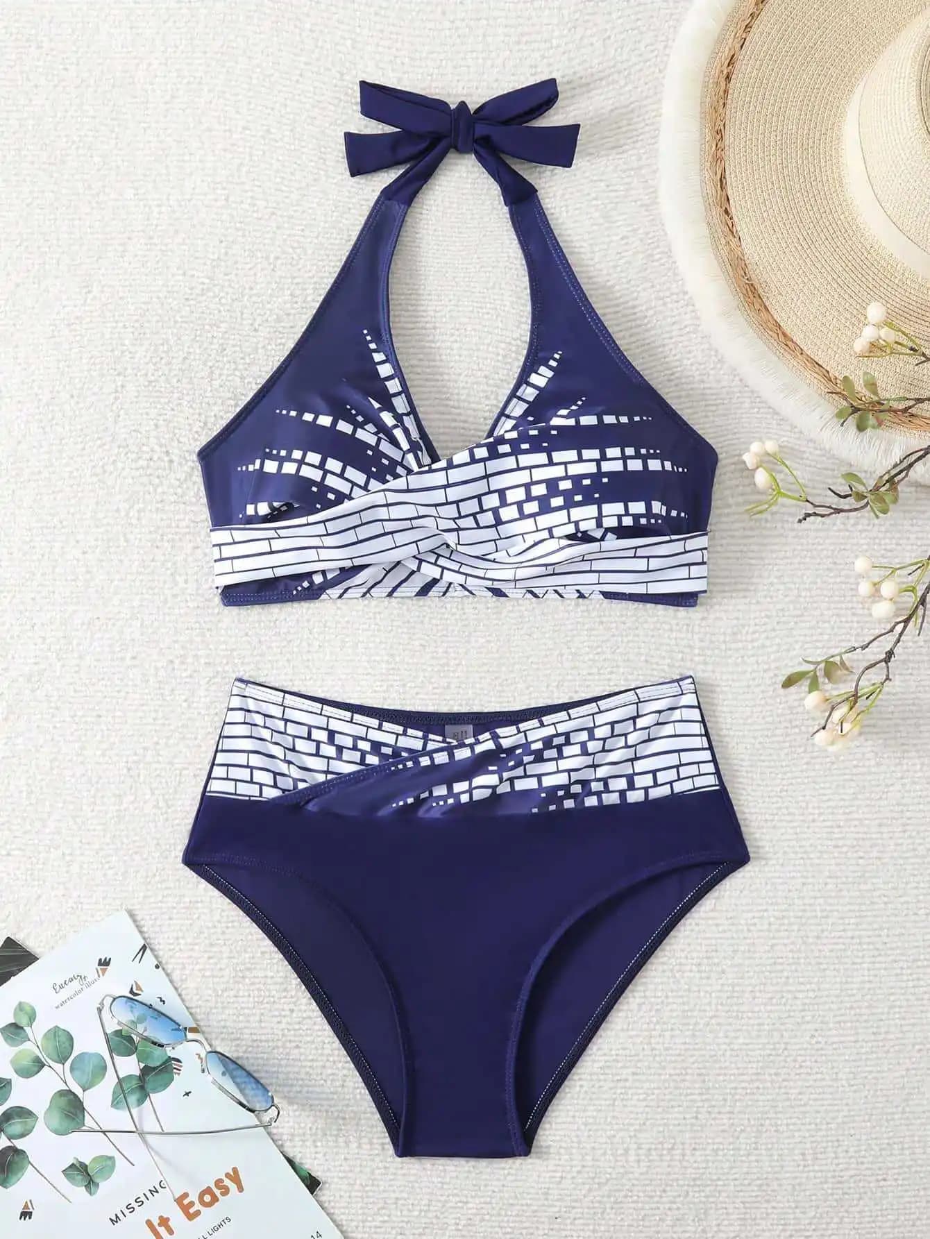 Ensemble de bikini halter taille haute pour femme 2026, maillot de bain modeste à effet ventre plat,
