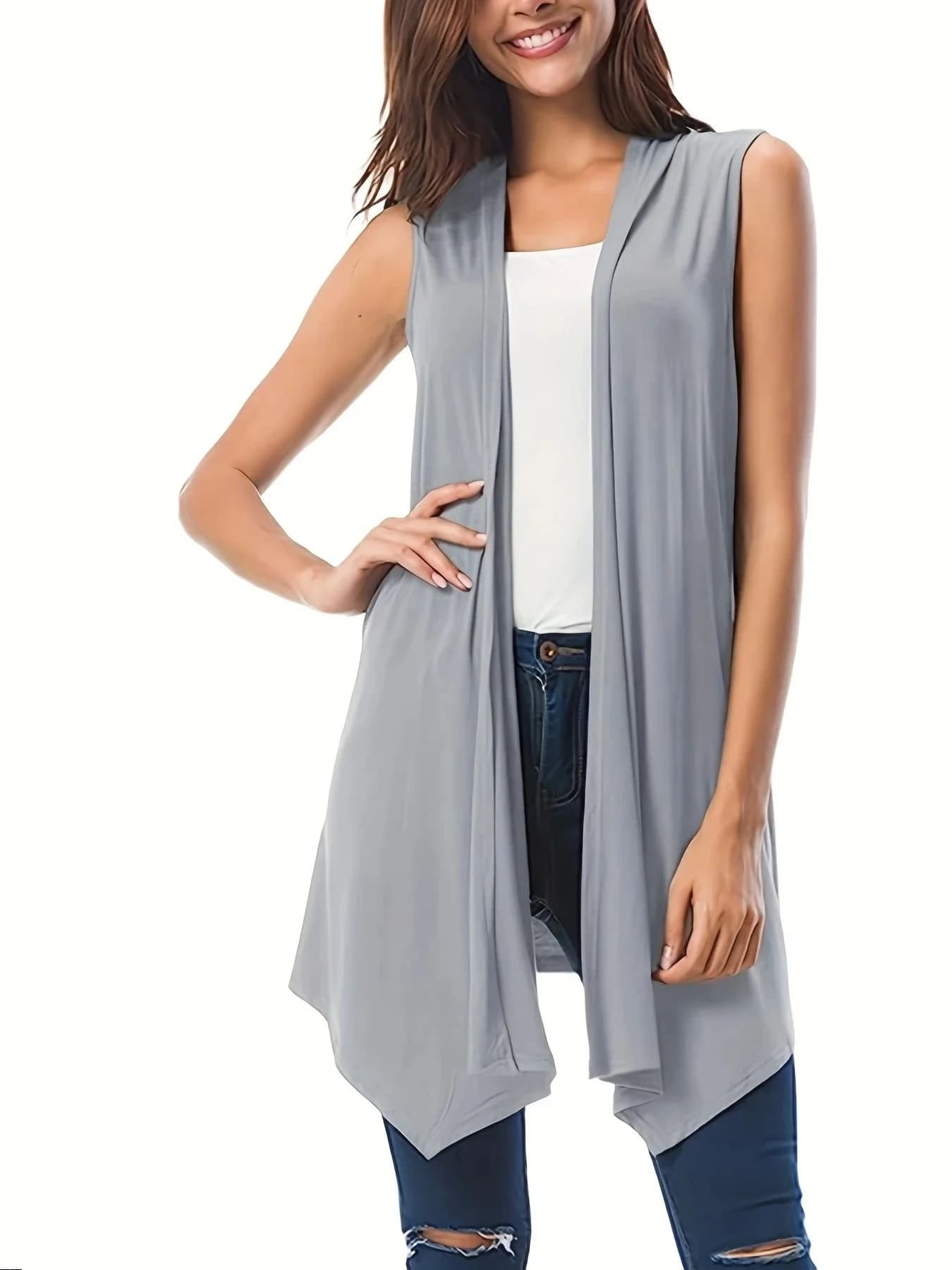 Cardigan sans manches pour femmes, grande taille 1XL-5XL, couleur unie, ourlet, polyvalent, décontra