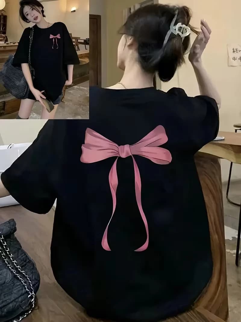 T-shirt à imprimé nœud, décontracté, à manches courtes, col rond, design nœud double face, doux, pou