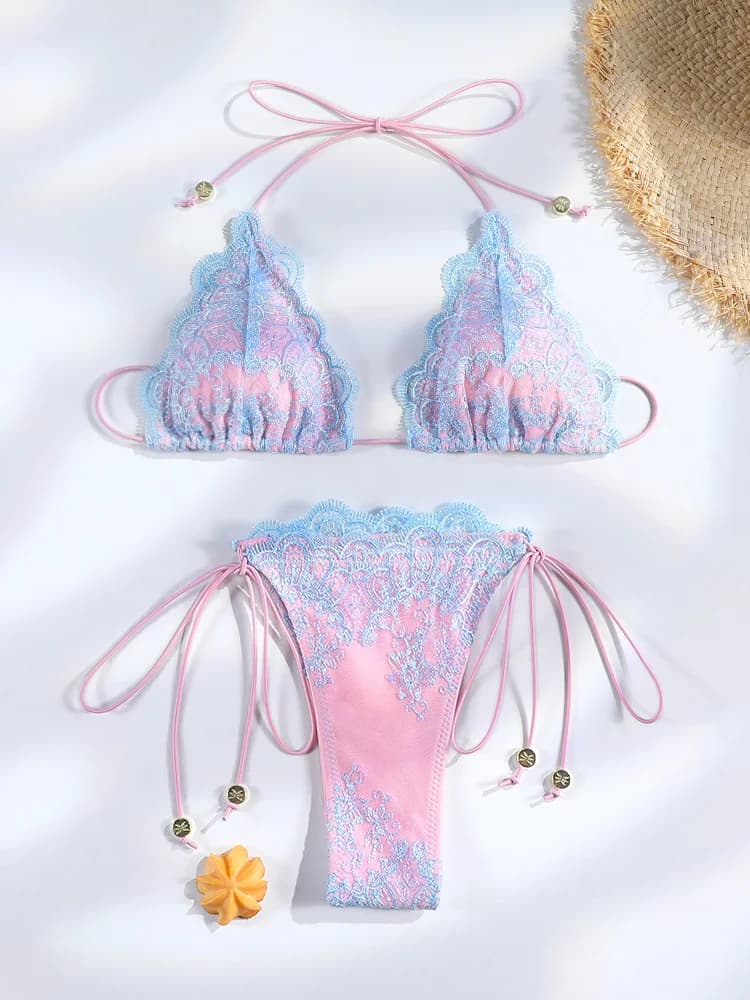Maillot de bain triangle rose et bleu, bikini à dentelle, maillots de bain à coupe haute, maillots d