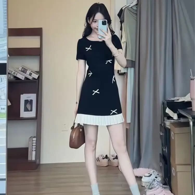 Robe d'été avec nœud, design slim, sans manches, épissure, couleur contrastée, taille pour petite pe
