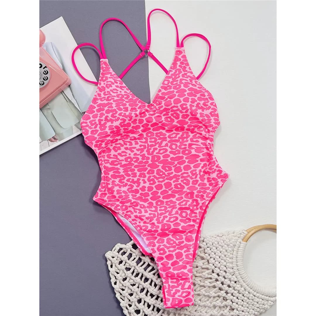 S - XL Sexy imprimé léopard col en V femmes maillots de bain une pièce maillot de bain femme dos nu 