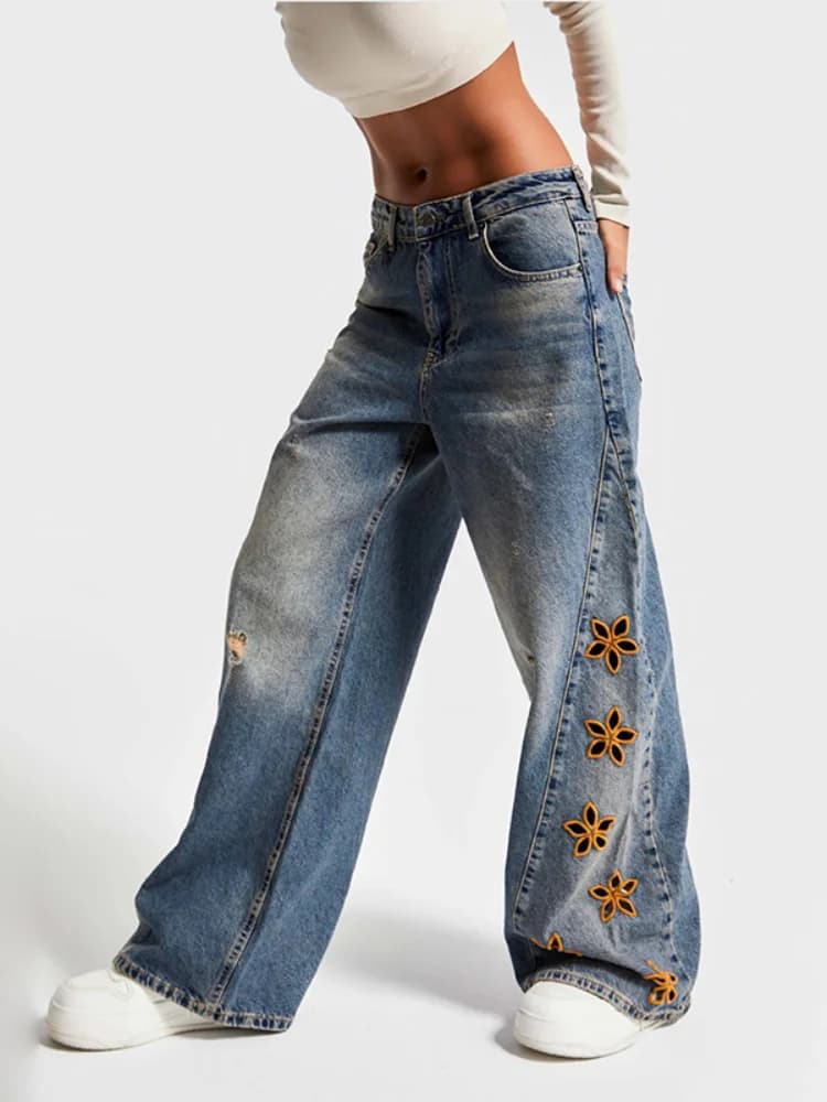 Jean femme taille haute broderie Denim pantalon mode femme trou faire vieux bouton fermeture éclair 