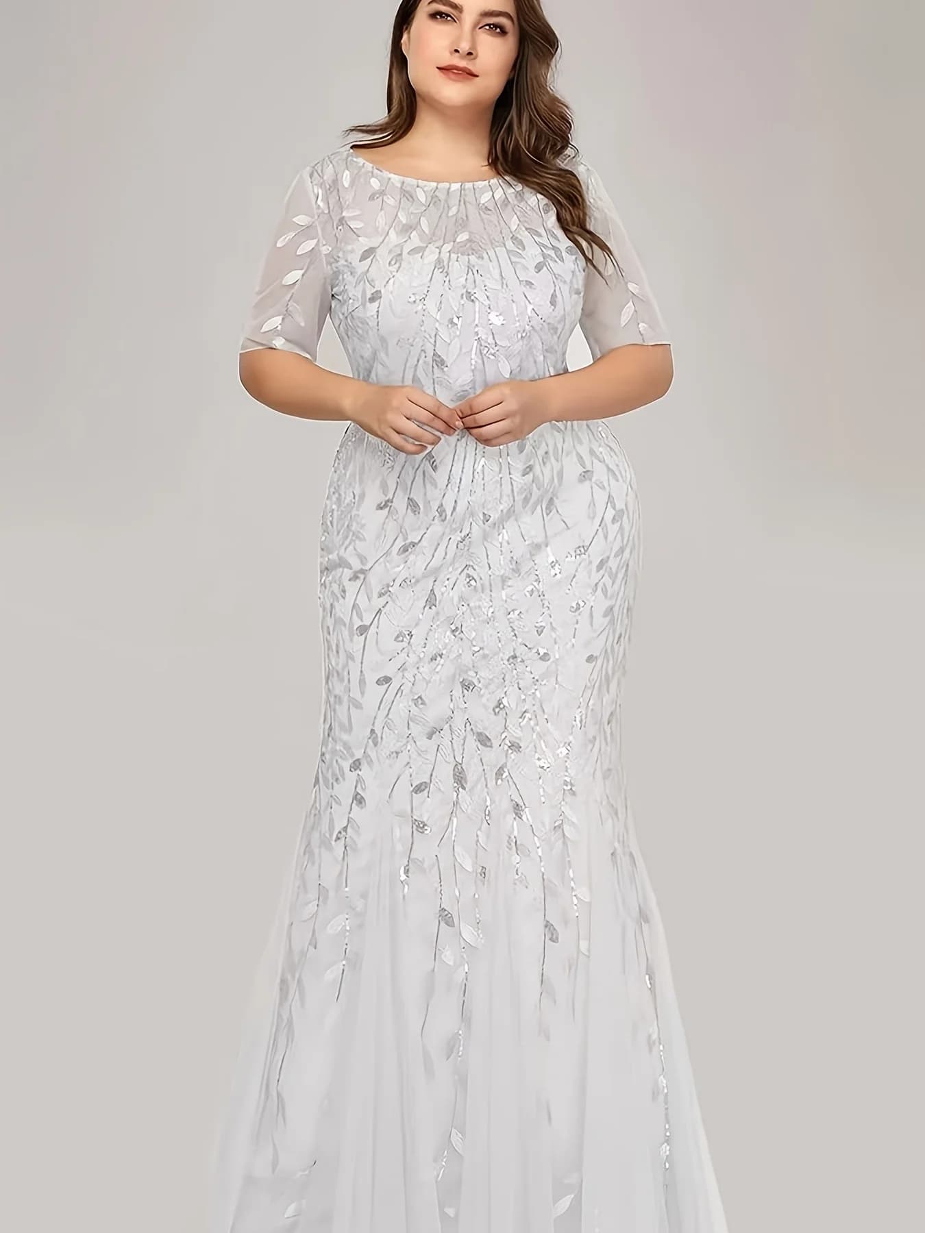 Robe de soirée sirène grande taille pour femme, manches mi-longues, col rond, longue robe de cérémon