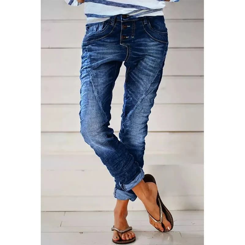 Jean pour femmes cordon taille élastique jean décontracté bouton Baggy jean femmes pantalon droit fe