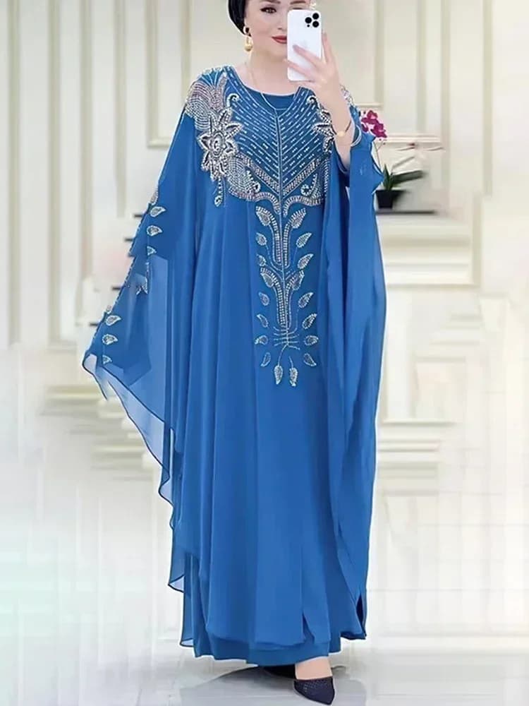 Abaya-Ensemble 2 pièces en mousseline de soie, robe maxi, caftan marocain, vêtements islamiques, mod