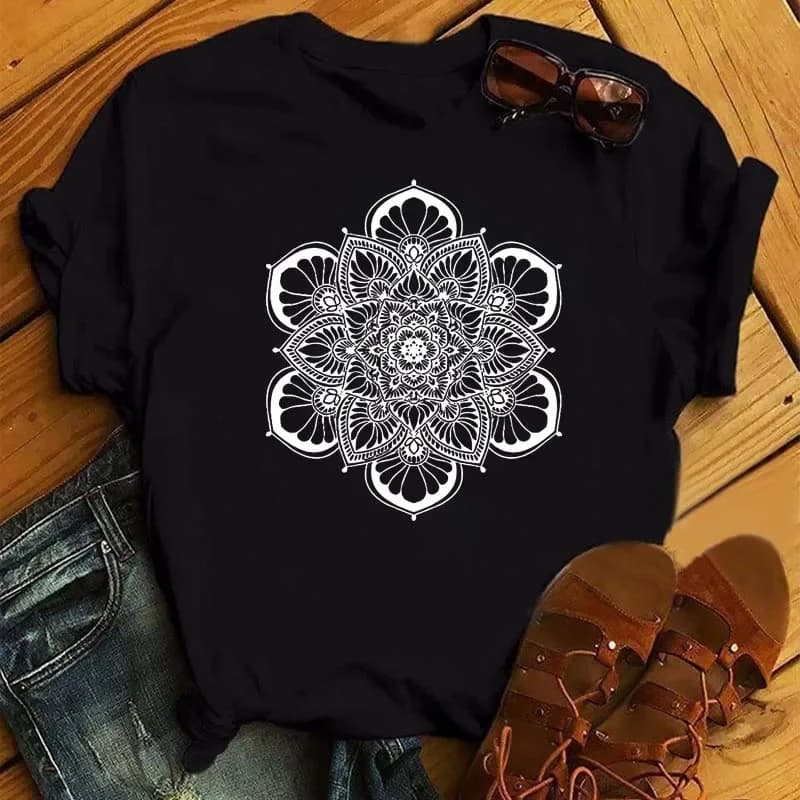 Maycaur-T-shirt à manches courtes imprimé floral Mandala pour femmes, haut esthétique pour filles, m