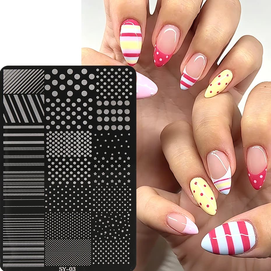 Plaque de stamping pour ongles à pois et étoiles, modèle de tampon pour nail art, motif rayures et l