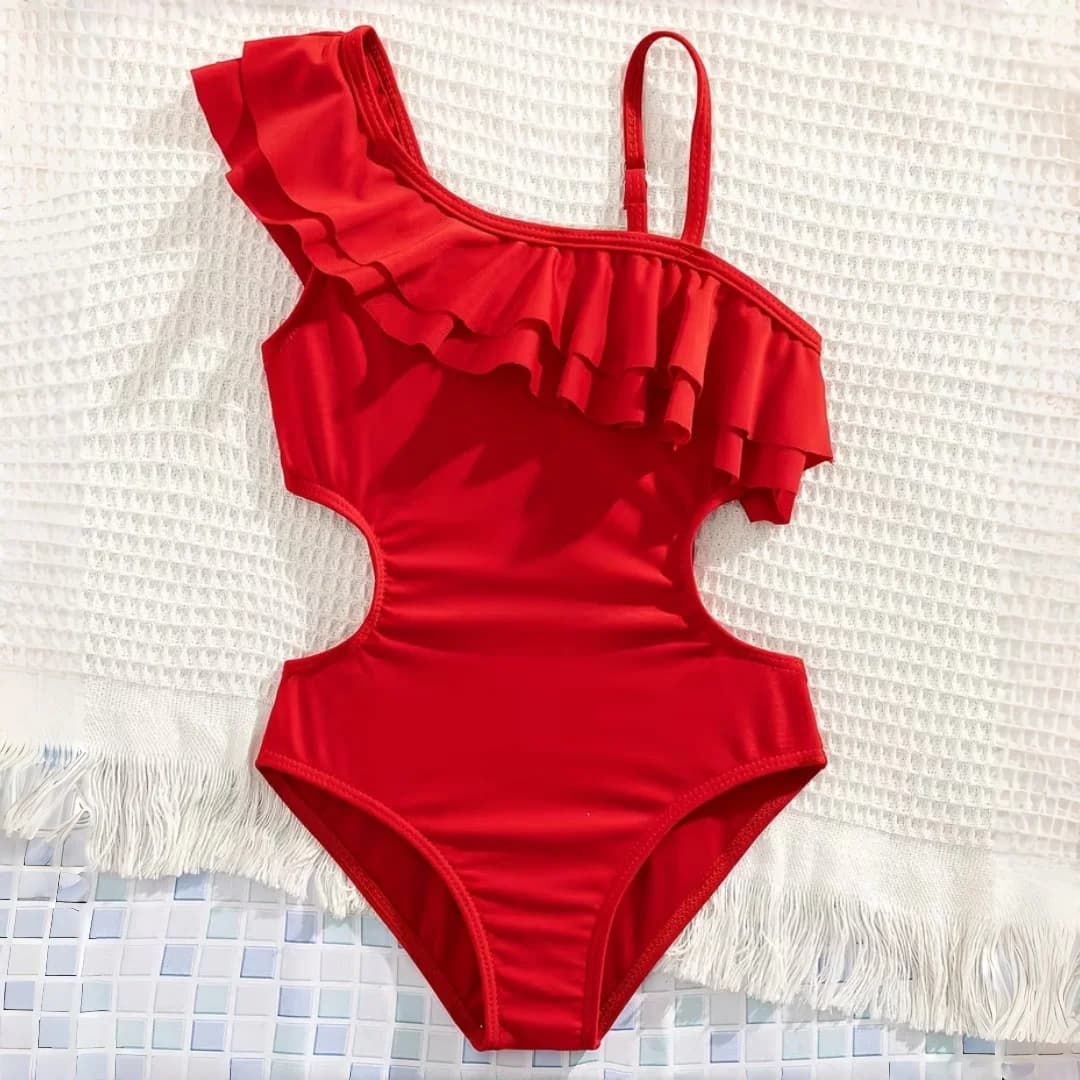 Maillot de bain une pièce à volants et épaule dénudée pour filles, couleur unie, pour adolescentes, 