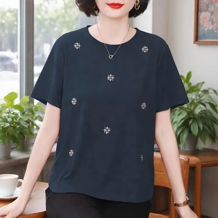 T-shirt ample à manches courtes et col rond pour femme d'âge mûr, grande taille, motif floral et str