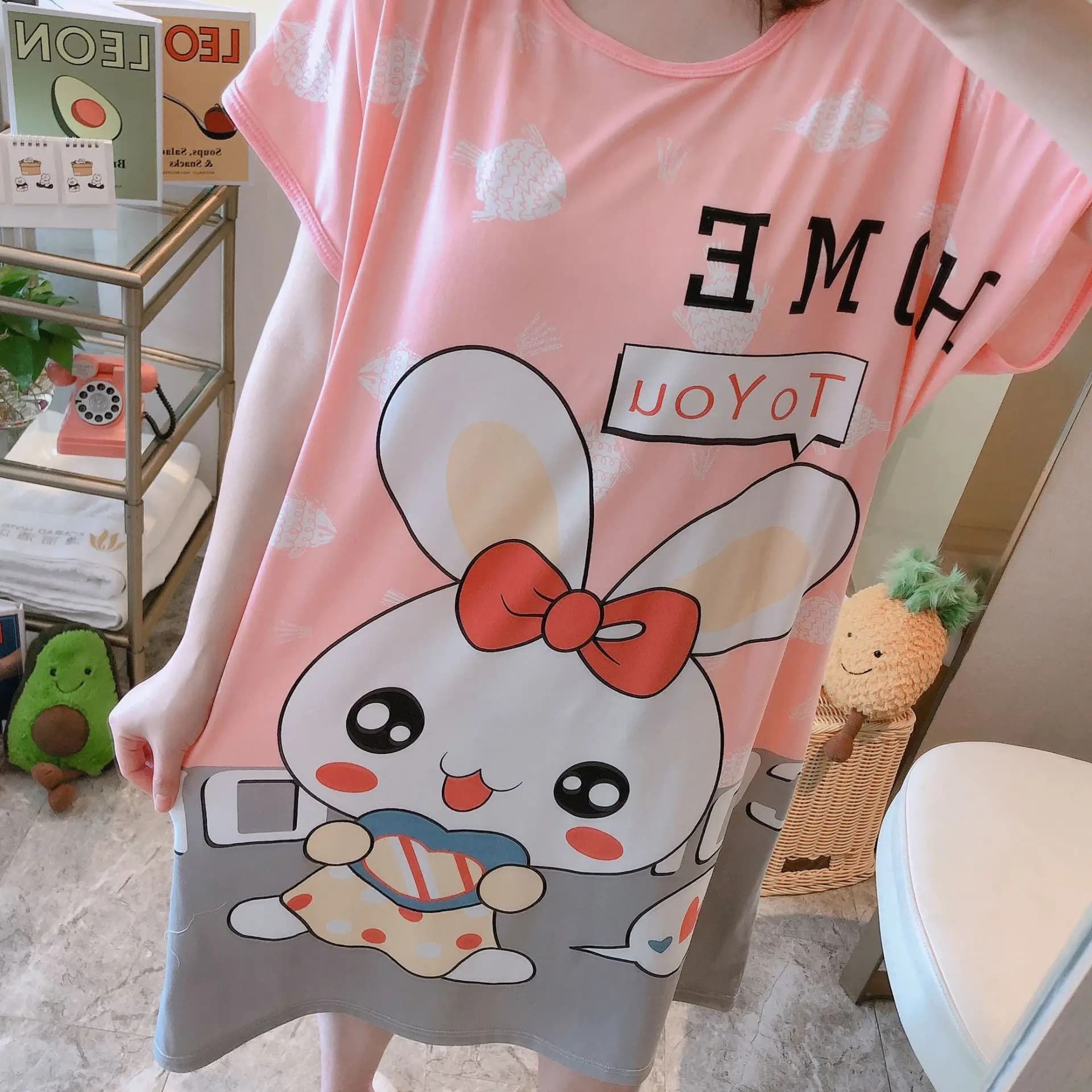Robe de nuit en soie de lait à manches courtes, grande taille, ample, mignonne, imprimé dessin animé