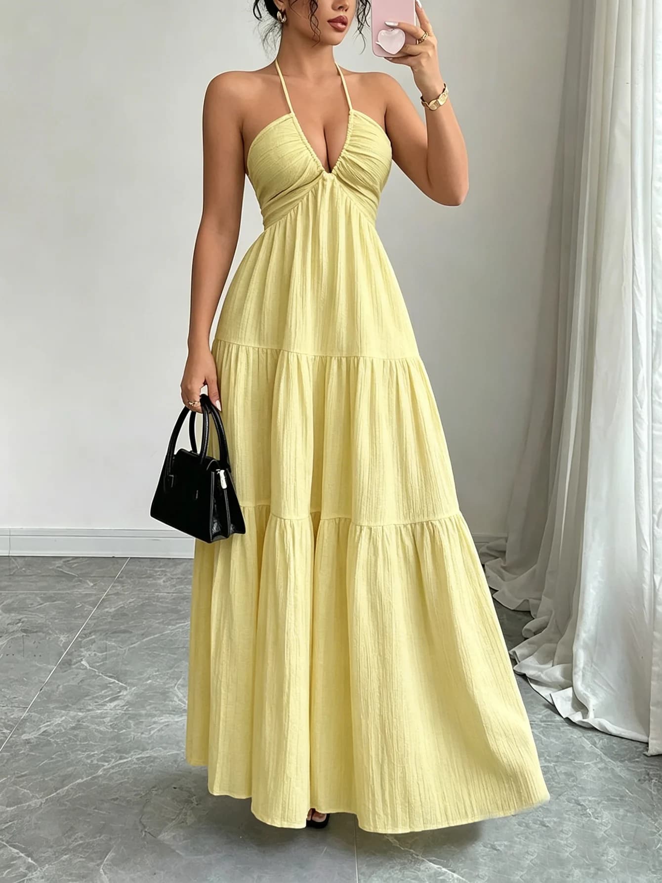 Robe longue dos nu pour femme, à col halter, avec buste froncé à volants, taille empire texturée, st