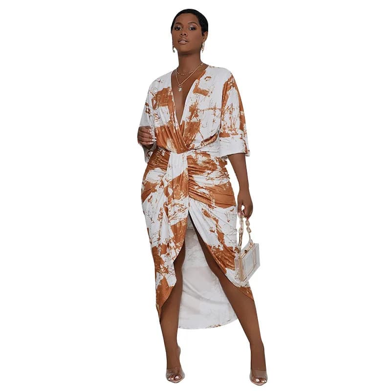 Robes pour femmes imprimées, plissées, fendues, col en V profond, manches mi-longues, longueur mi-mo