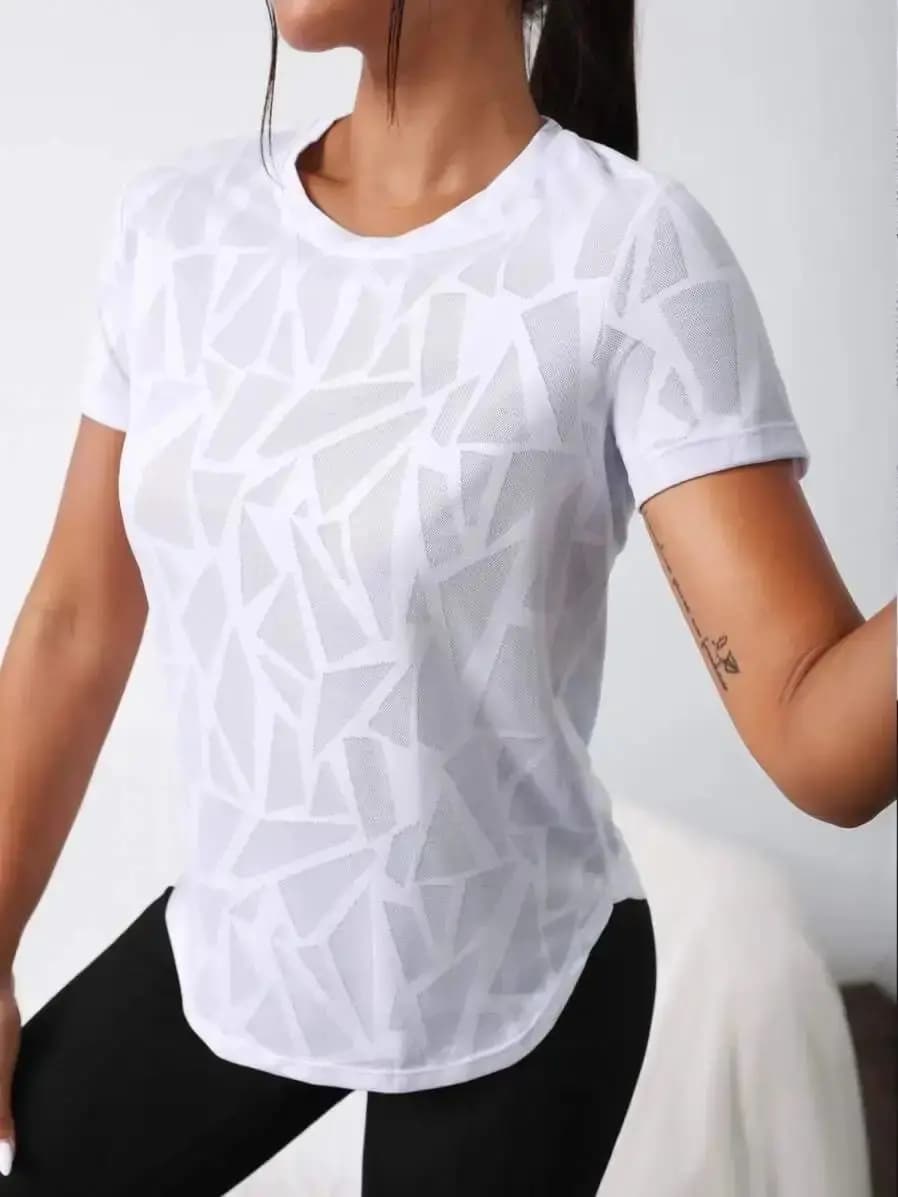 T-shirt chic à imprimé géométrique pour femme – Ourlet incurvé flatteur, léger, col rond, manches co