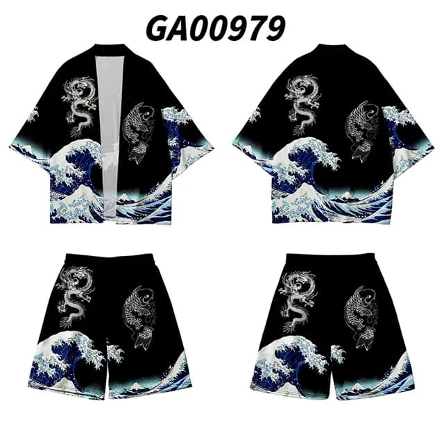 Ensemble Kimono Cardigan et Short de Grande Taille 5XL, Imprimé Anime Dragon, Chemise Homme Femme, T