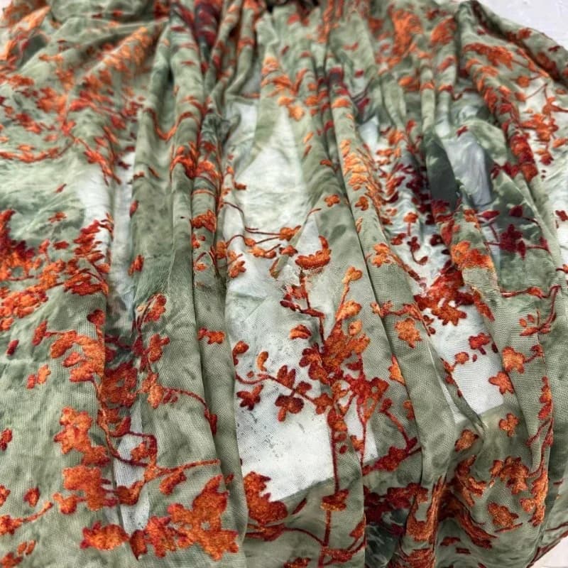 Tissus en brocart vert jacquard, velours brûlé, tulle, dentelle Dirac, tissu en maille floquée pour 