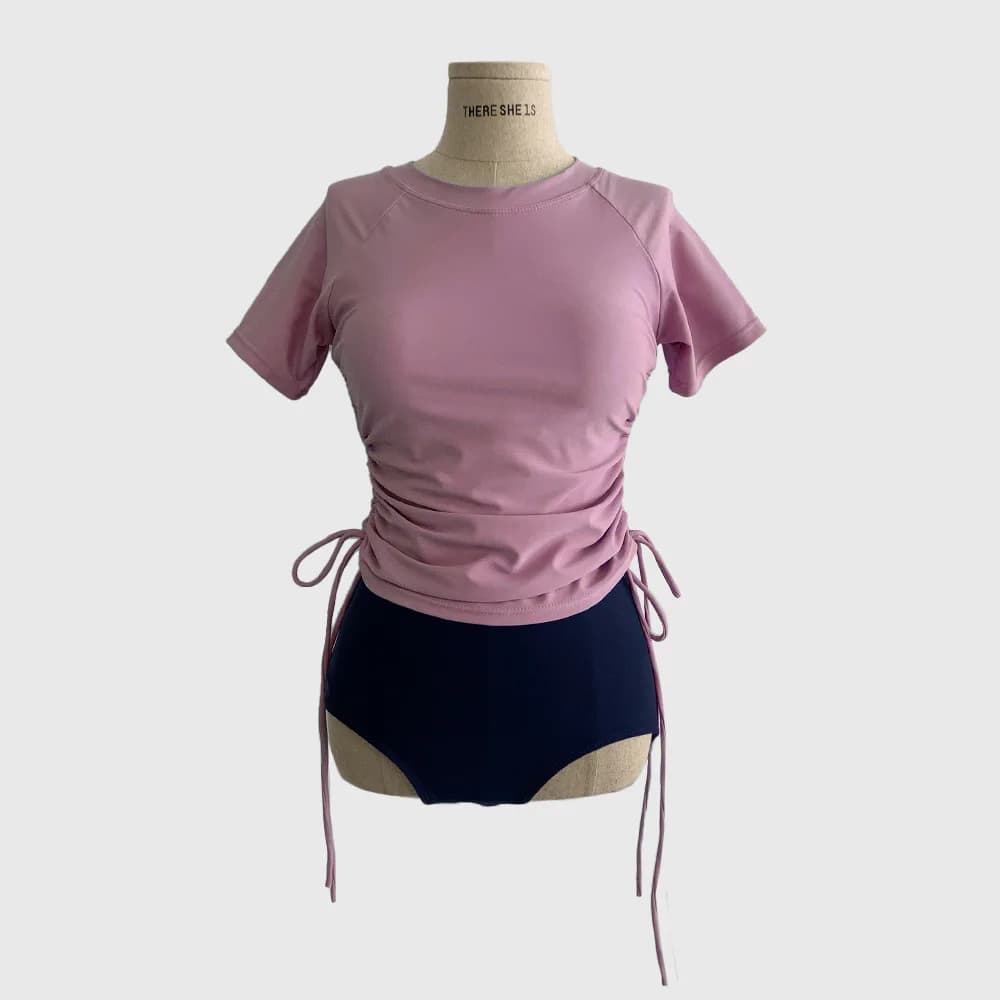 Maillot de bain deux pièces taille haute sportif amincissant, shorty color block à demi-manches, en 