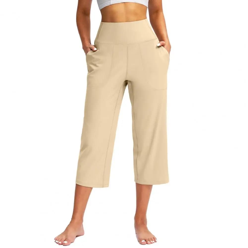 Femmes élastique taille haute 3/4 pantalon décontracté coupe active large Capris jambe pantalon pant