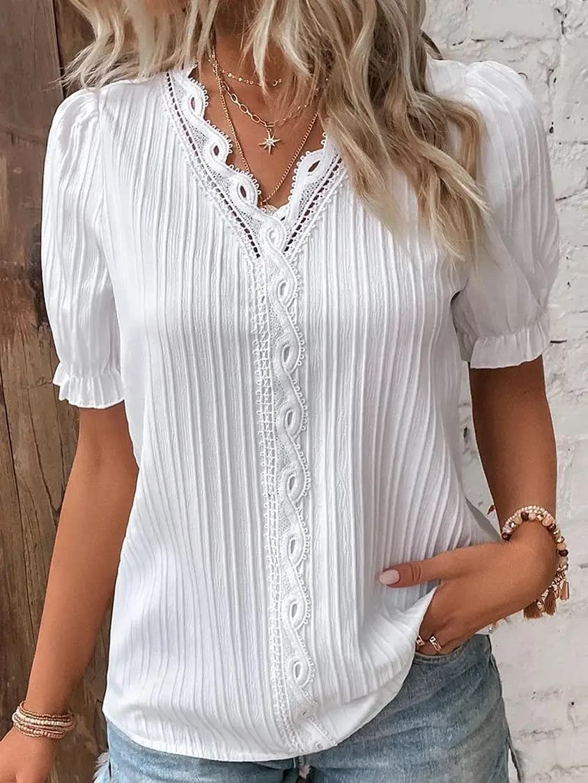 Chemise femme grande taille chemisier jaune-vert violettes blanc uni dentelle manches courtes décont