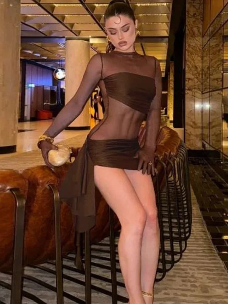 Mini robe transparente à manches longues pour femmes, robes une pièce, gaine sexy, col rond, mode éd