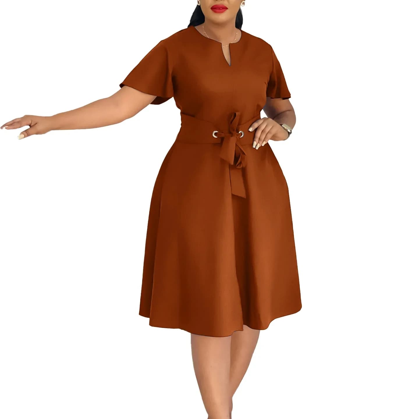 Robe élégante grande taille printemps-été, nouvelle collection, couleur unie, col en V, manches cour
