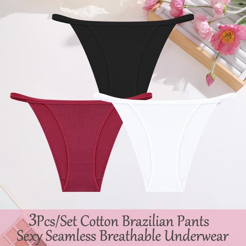 FINETOO Lot de 3 Culottes Brésiliennes en Coton Sans Couture pour Femme, Couleur Unie, Douces et Con