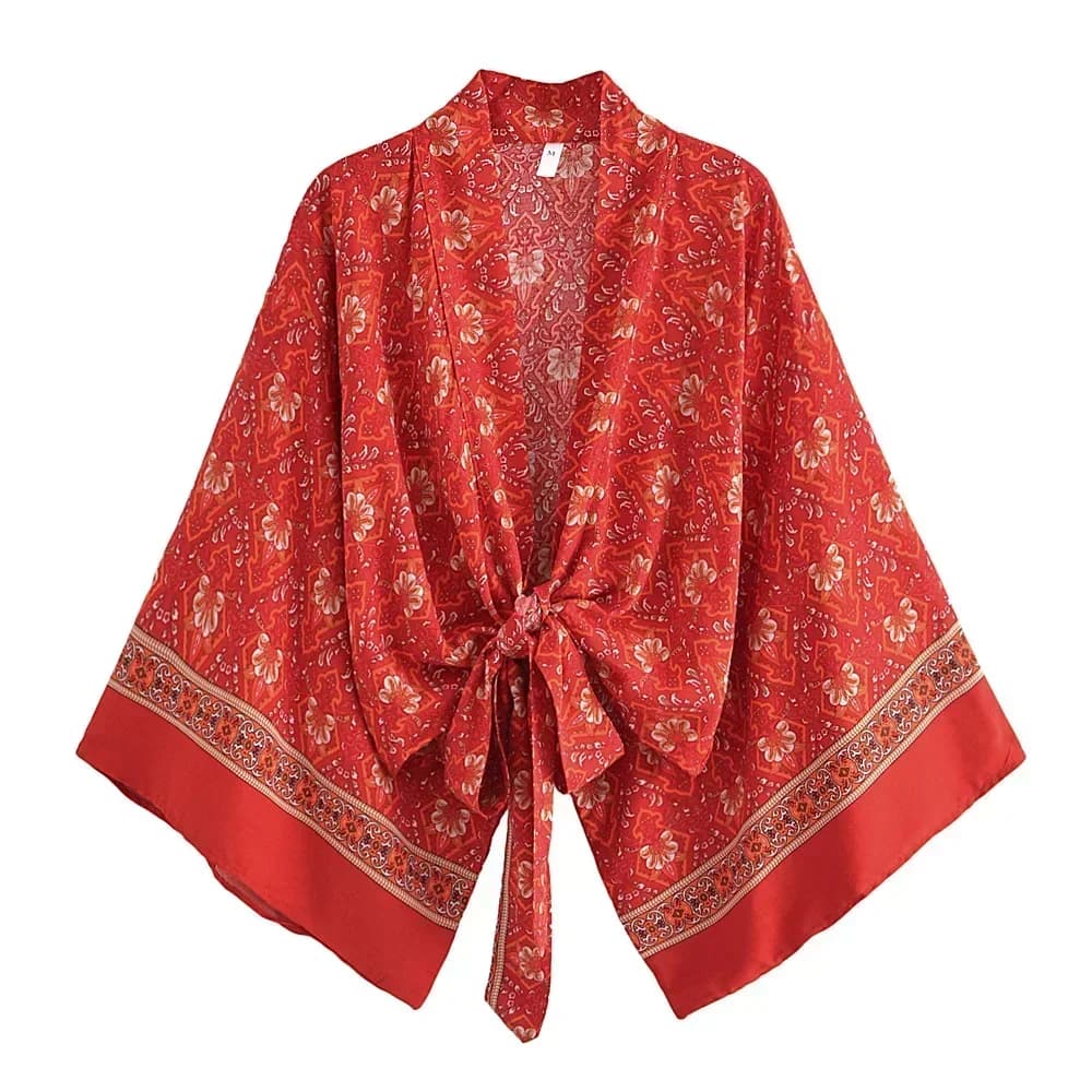 Boho Dinner ens Red Floral Beach Kimono, Short Robe, Swimsuits, Women Fashion, BatOOSleeves, Rayon, 