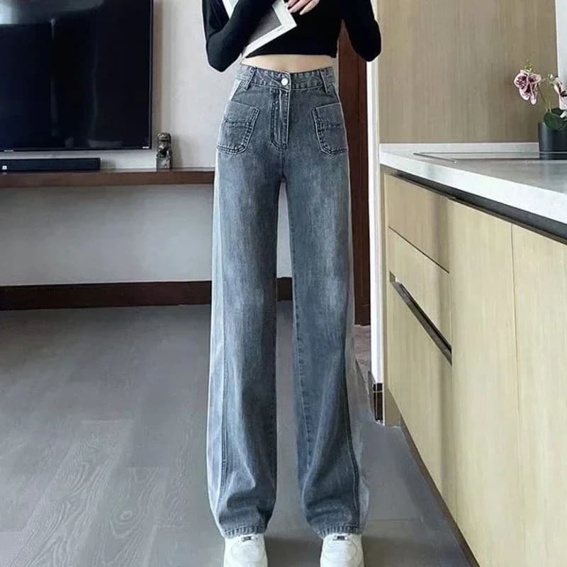 Jean Gris avec Poches pour Femme, Pantalon Taille Haute, Jambes Droites, FjStreetwear des Années 90,