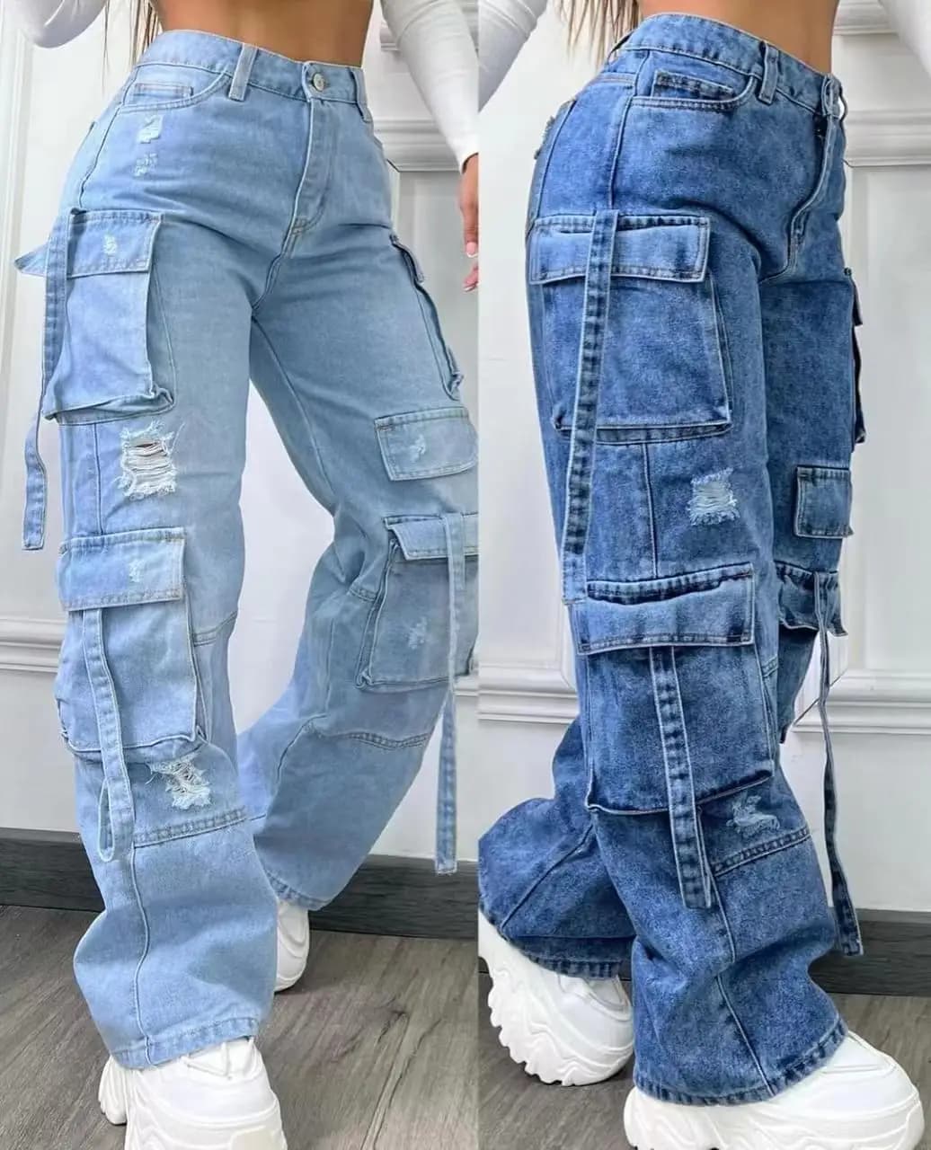 Jean multi-poches taille haute pour femmes, pantalon Cargo polyvalent, grande taille, couleur unie, 