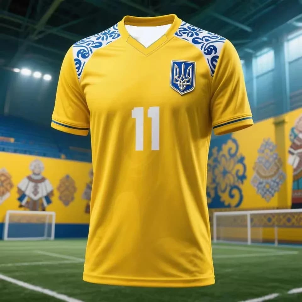 Maillots de football avec le logo du trident ukrainien, dans un design familial bleu et jaune, inspi