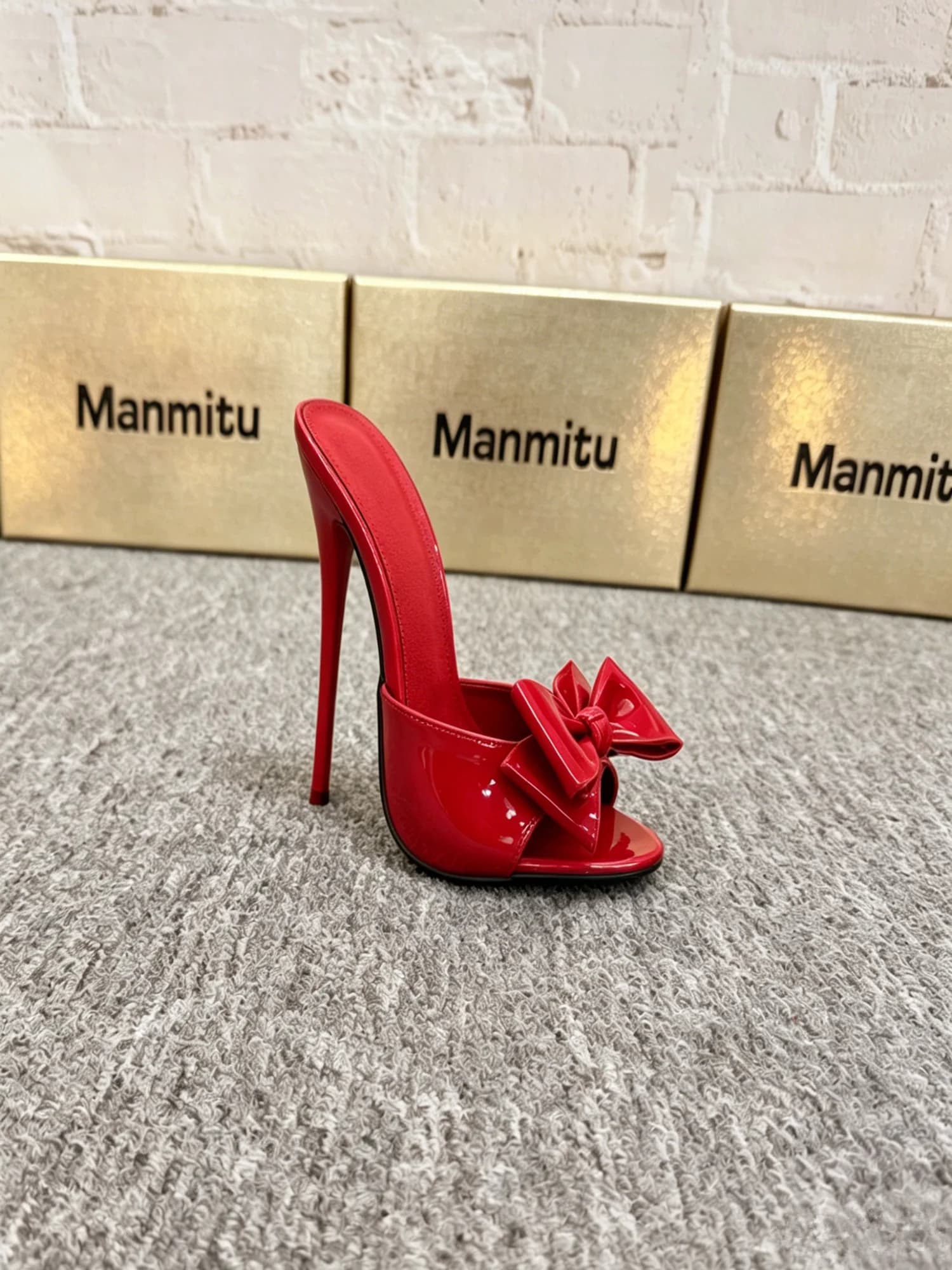 Sandales tendance pour femmes à talon compensé de 12 cm, en cuir verni rouge, avec nœud, bout rond, 